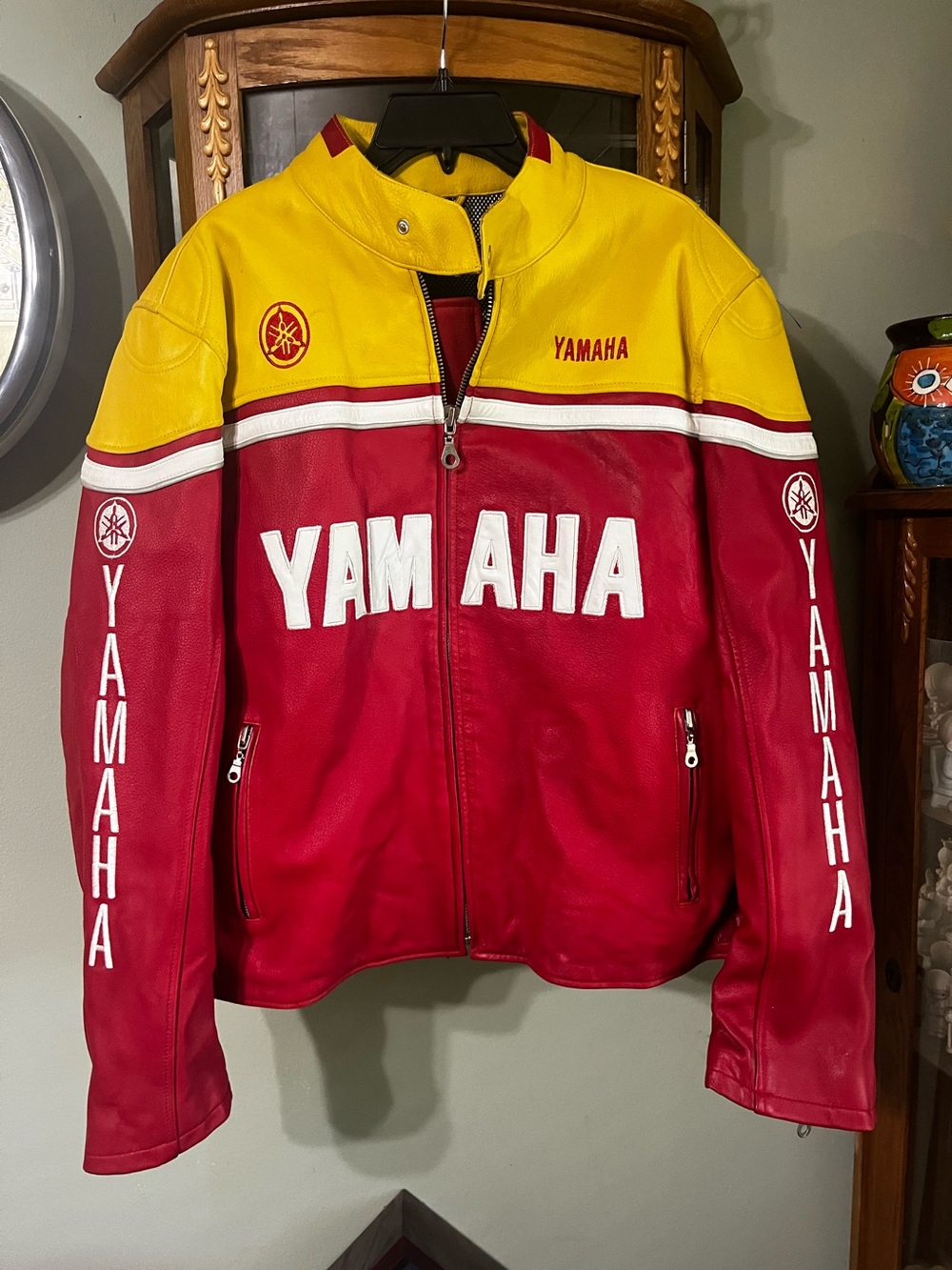 Men’s YAMAHA Solid Leather Embroidered Lettering Motorcycle Red Yellow Jacket